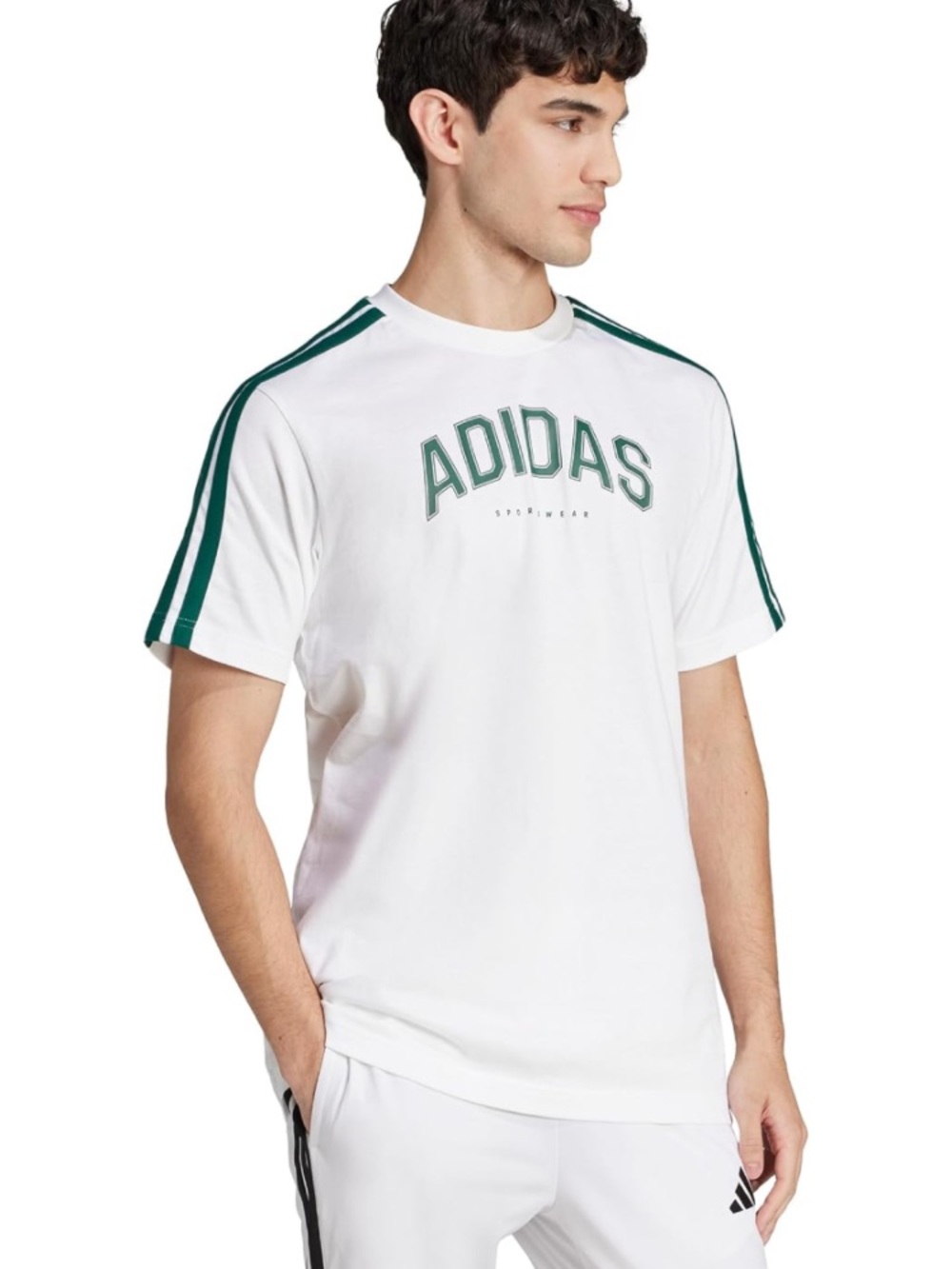 adidas White Short-Sleeve Tee with Green Stripes